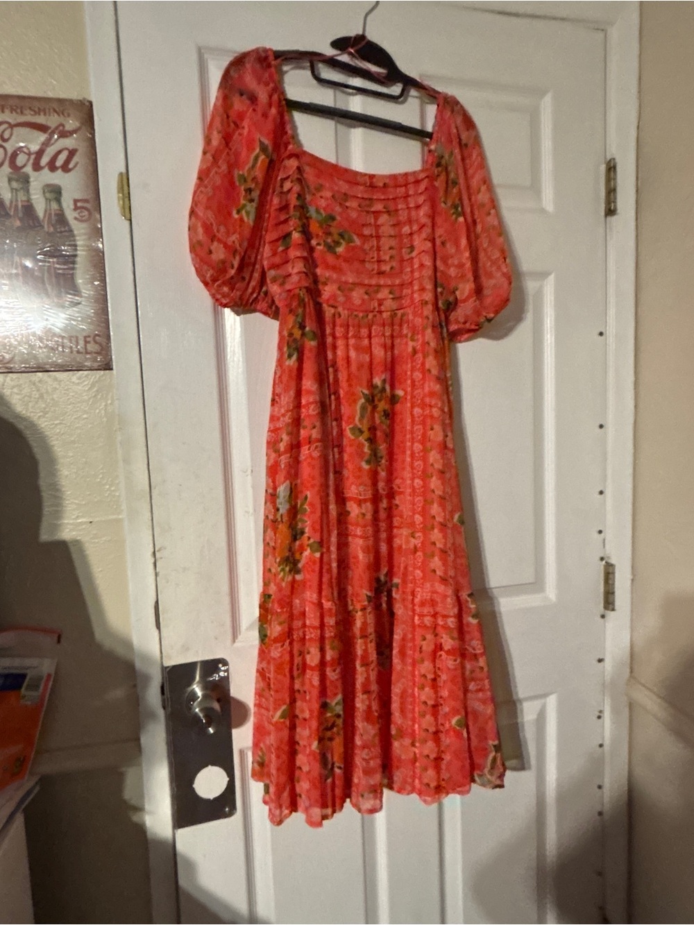 Lauren Conrad coral Bohemian Floral maxi Dress with green & White flowers size M